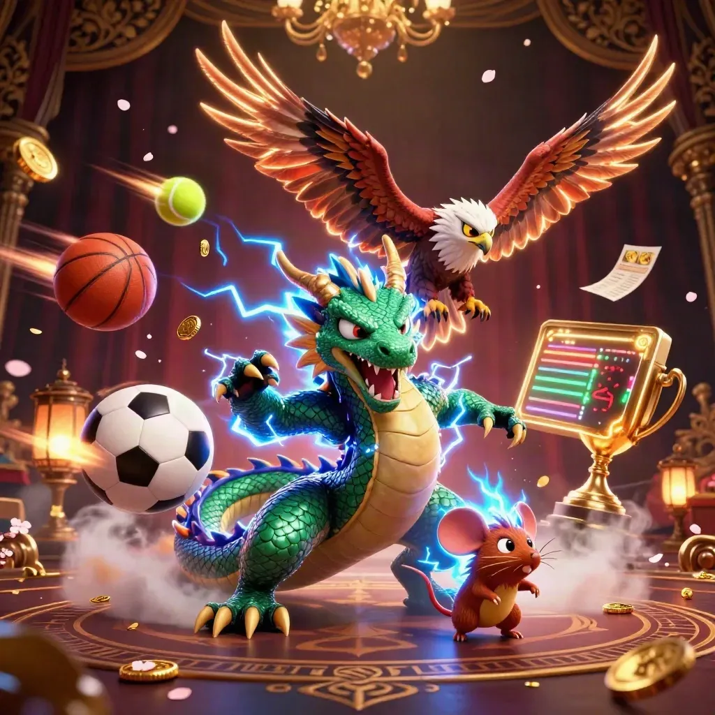 Thunder dragon, hawk, and mouse amid flying sports balls, gold coins, and casino glow.