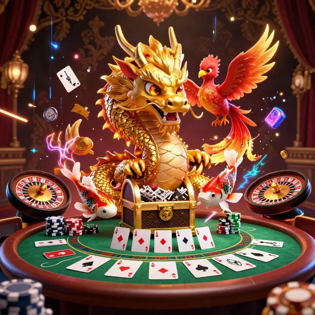 Golden dragon, phoenix, koi, chips, cards, roulette glow in a burgundy casino chamber.