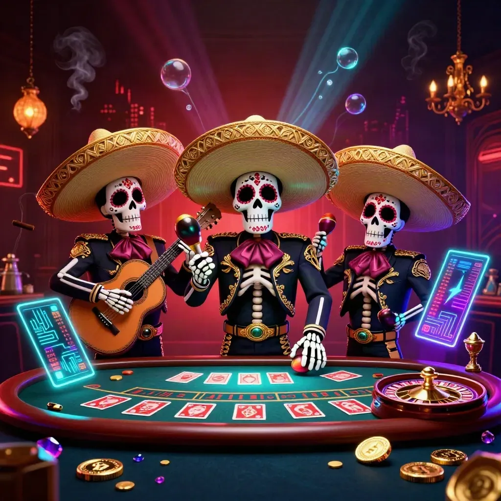 Skeleton mariachi trio in a luxe neon casino with crypto coins, roulette, and blackjack glow