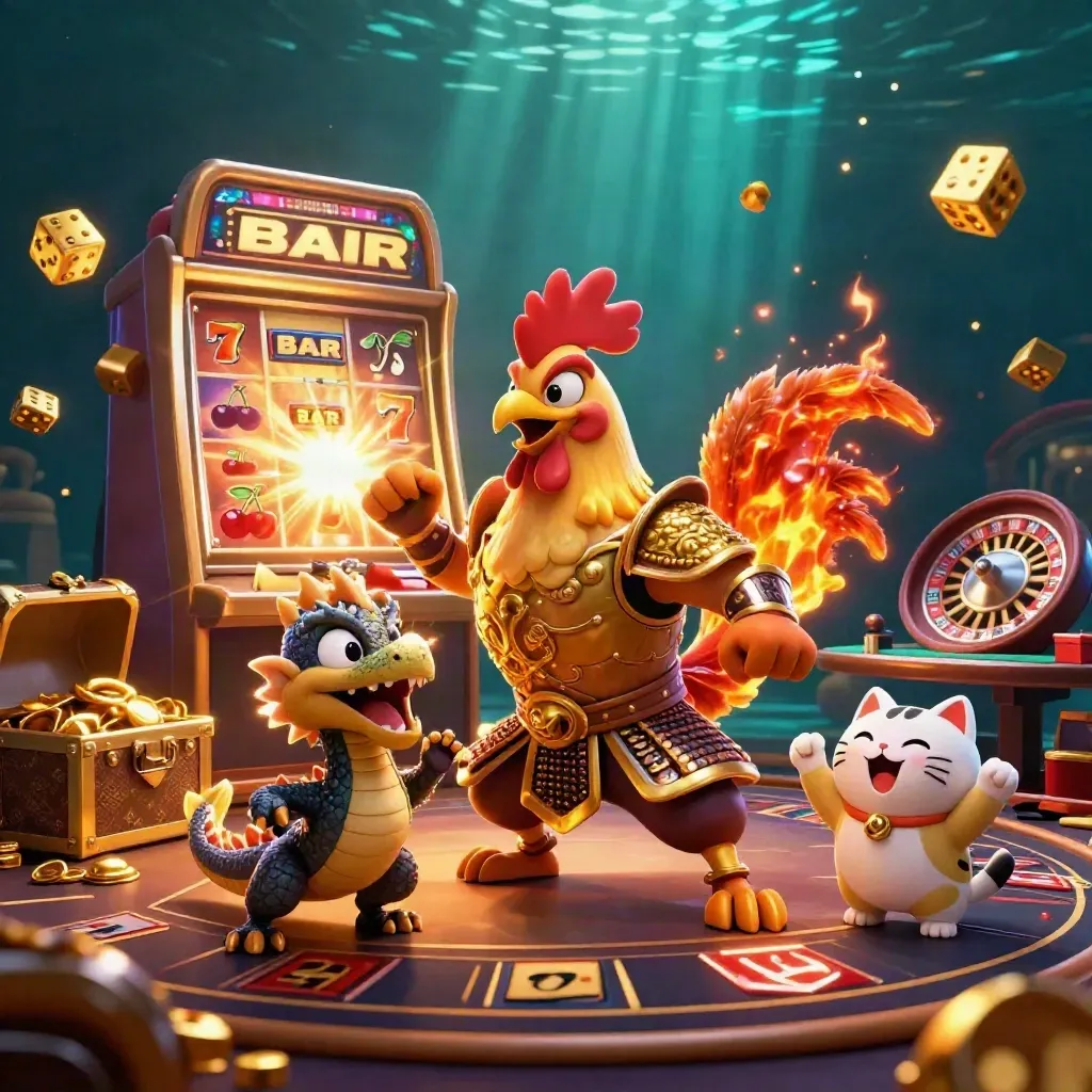 Rooster warrior, dragon hatchling, and fortune-cat amid slots, dice, roulette, and gold.
