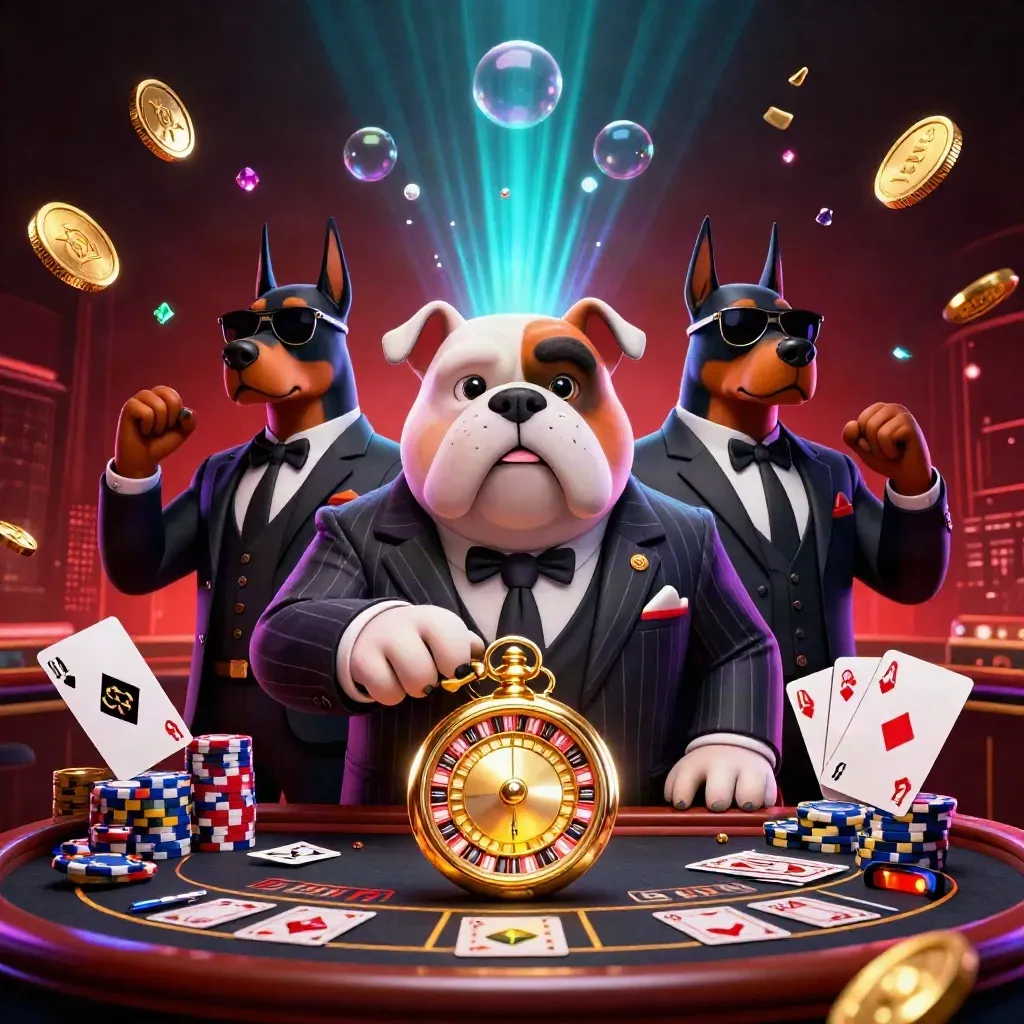 Bulldog boss and Dobermans in a neon casino storm of coins, gems, roulette, and glowing cards.
