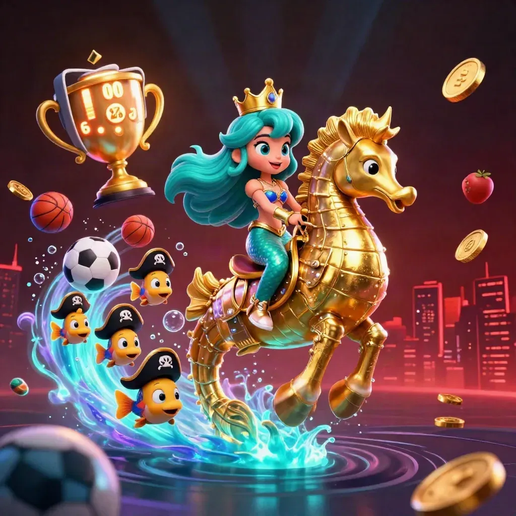 Mermaid princess on armored seahorse with pirate fish, balls, coins, and neon casino glow.