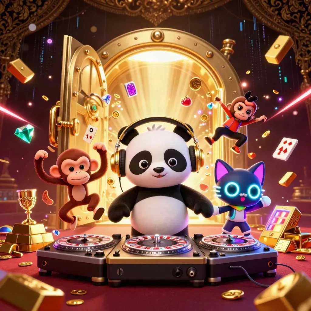 DJ panda, dancing monkey, and rave kitten burst from a glowing treasure vault.