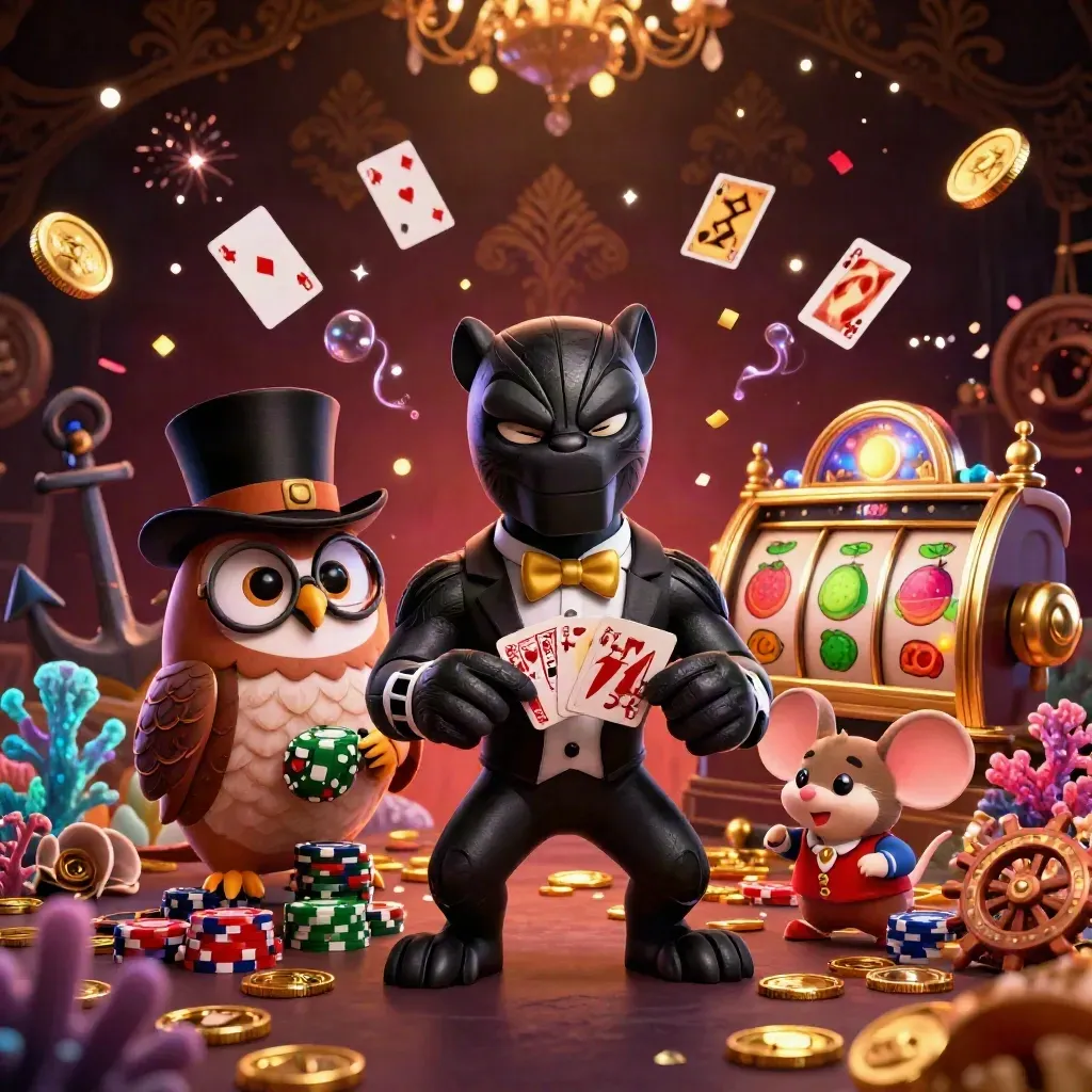 Panther, owl and mouse amid gold treasure, coral, cards, and casino sparks in a luxe dark scene.