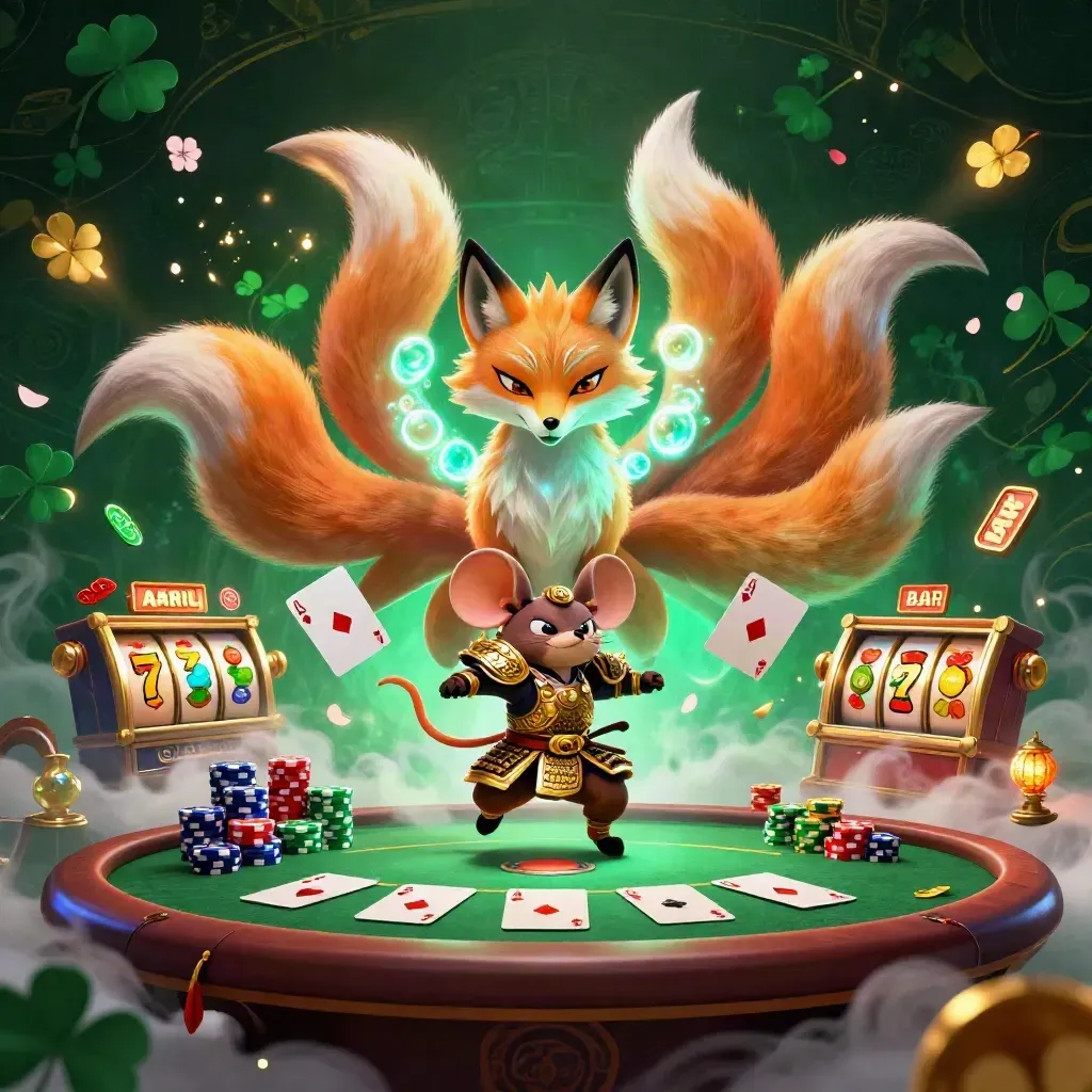 Fox spirit and armored mouse amid casino cards, chips, reels, and glowing treasure bursts