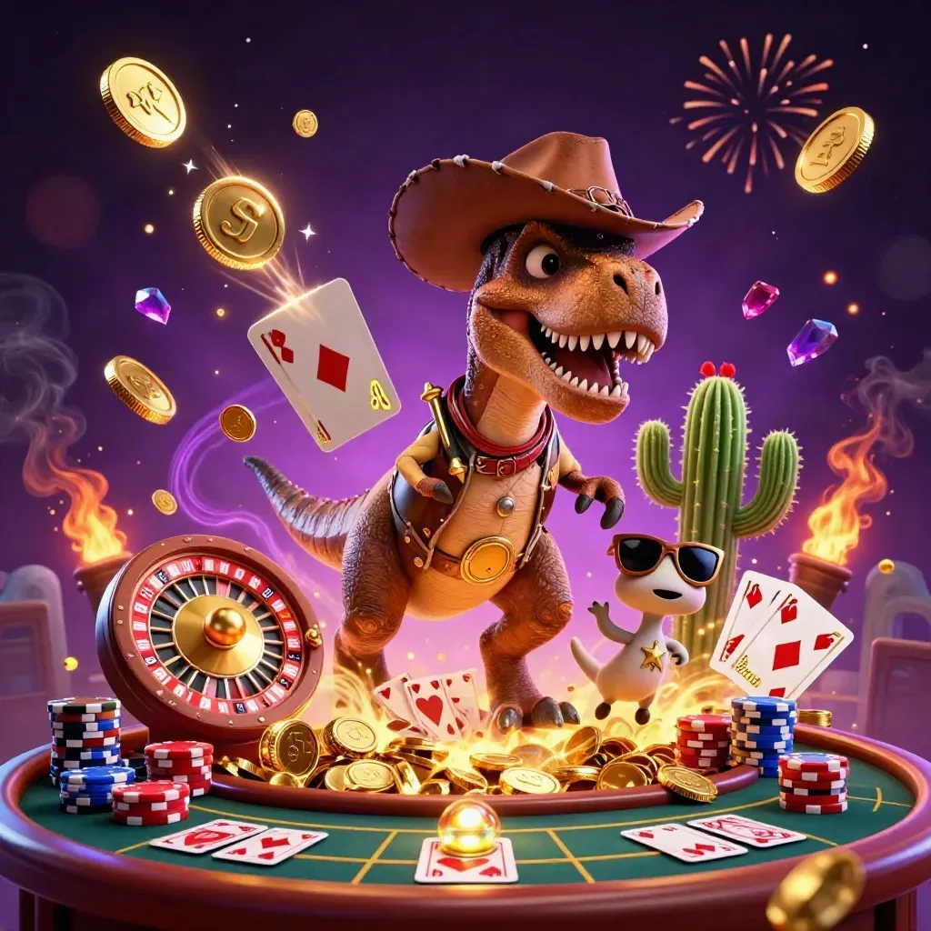 Cowboy T-Rex, cactus and roadrunner erupt from a glowing vault with coins, chips and cards.