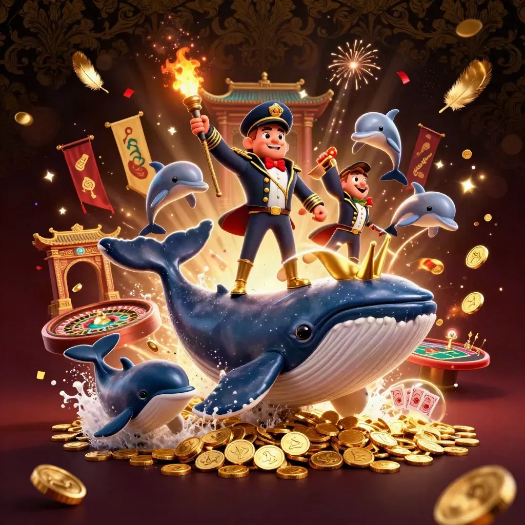 Whale captain, narwhal, and dolphins erupt in casino gold with fireworks and spinning cards.