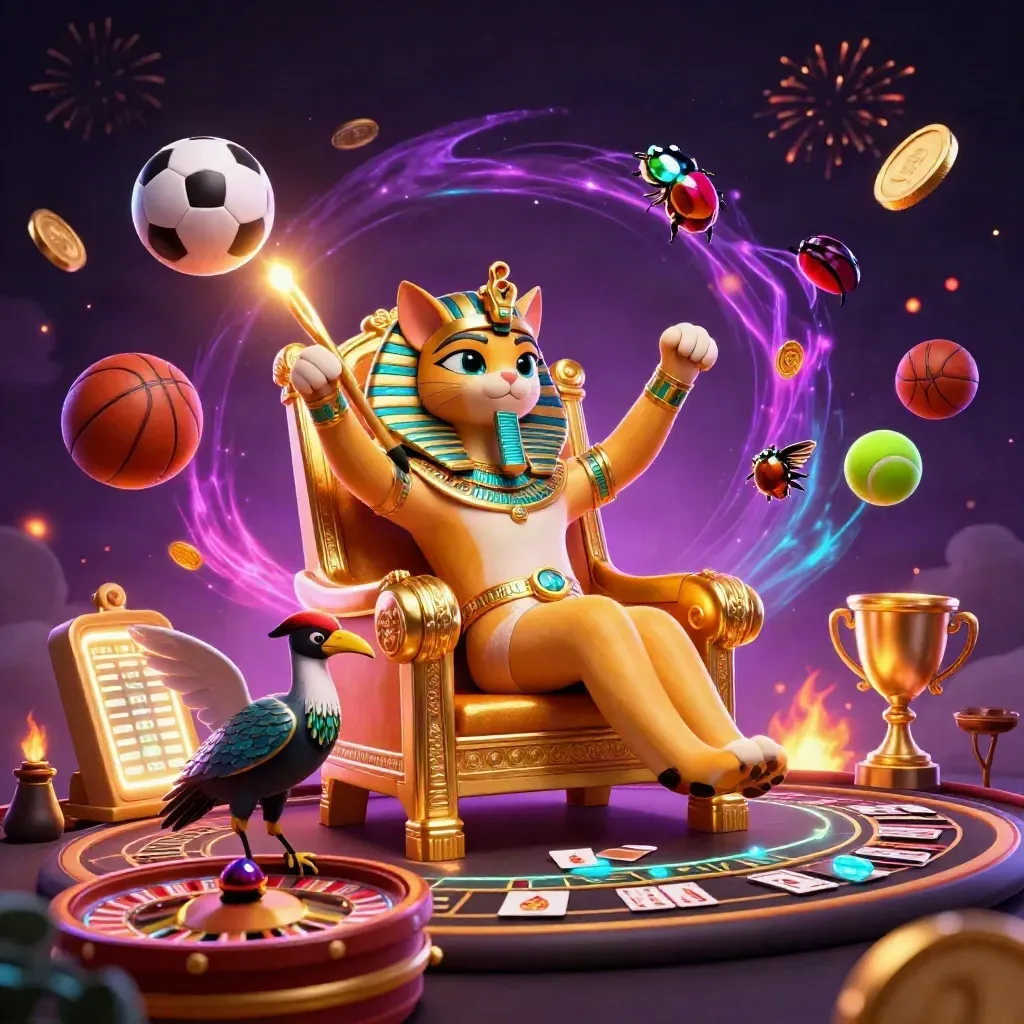 Pharaoh cat on a golden throne with scribe, scarabs, coins, sports balls, and casino glow.
