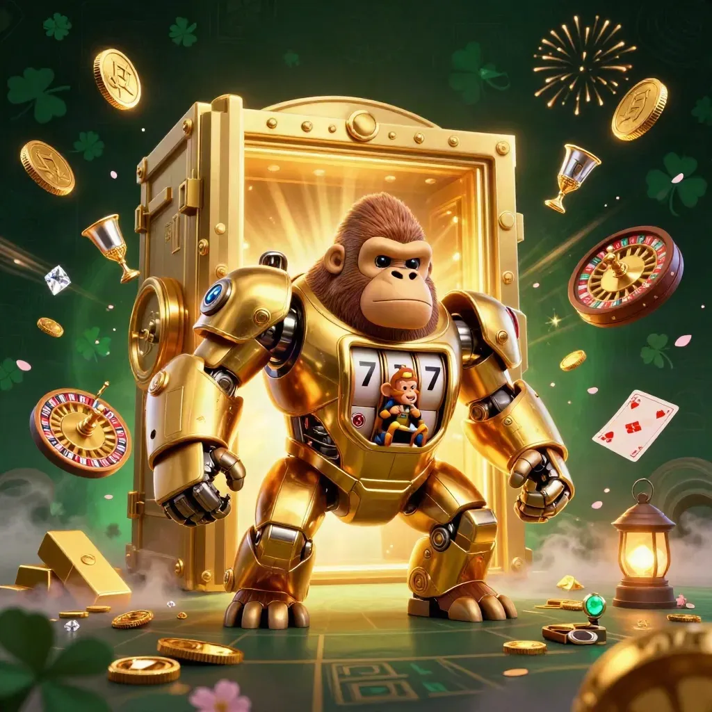 Golden gorilla mech with monkey pilot bursting from a vault in a casino treasure storm