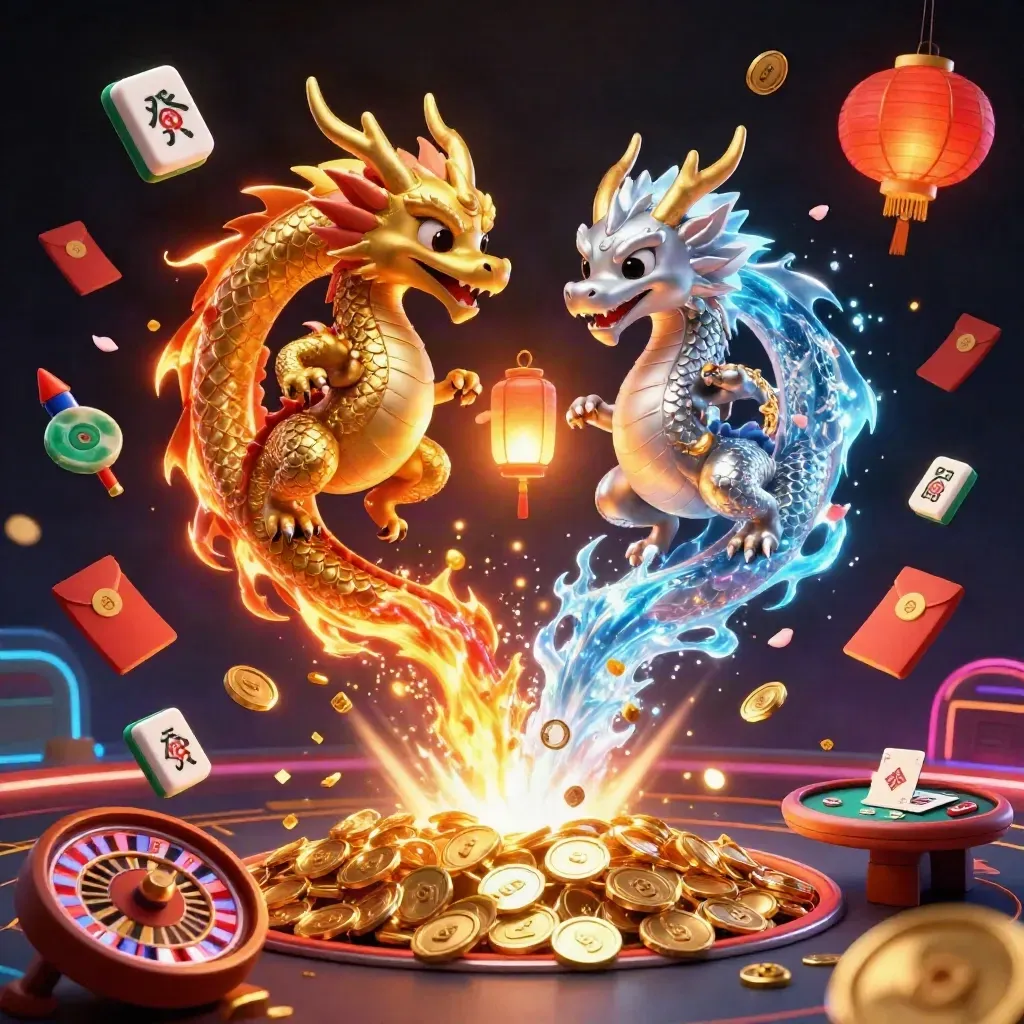 Twin gold and silver dragons burst from a vault amid coins, lanterns, fireworks, and casino glow.