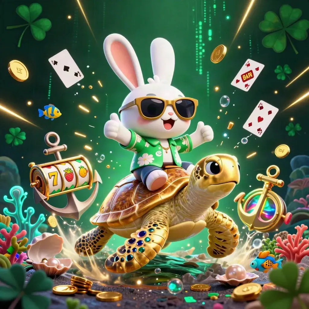 Lucky rabbit rides a golden sea turtle through casino treasure, coins, coral, and neon glow.