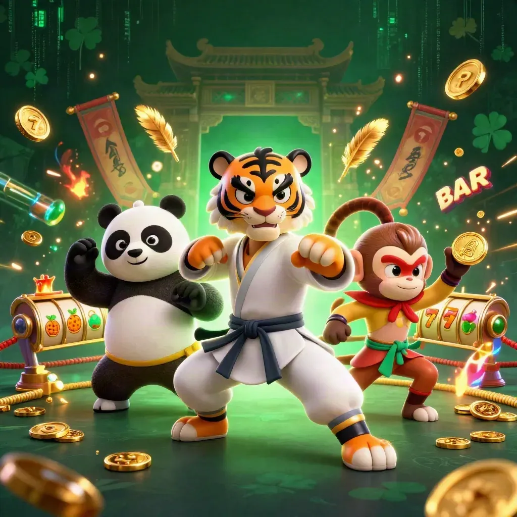 Kung-fu tiger, panda, and monkey amid casino magic, reels, gold, and neon energy