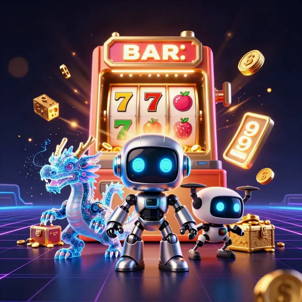 Robot mascot, holographic dragon and coin drone burst from a jackpot slot machine in neon casino light