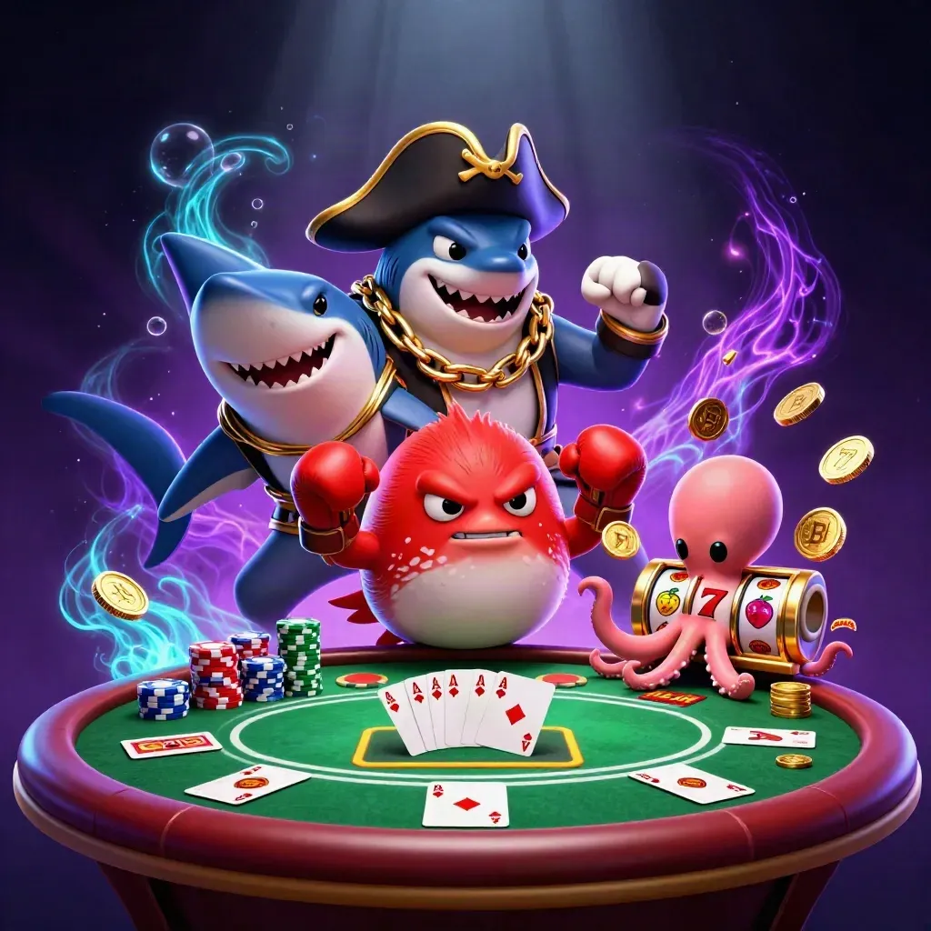Pirate shark, boxing pufferfish, and coin-juggling octopus in a neon casino scene