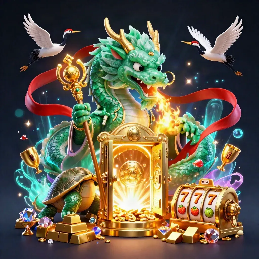 Emerald dragon, sage turtle, and cranes amid vault gold and neon casino glow