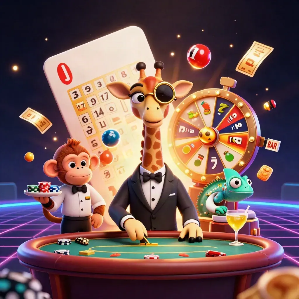 Emerald-lit giraffe, monkey valet, and chameleon bartender amid casino effects on a dark neon grid.