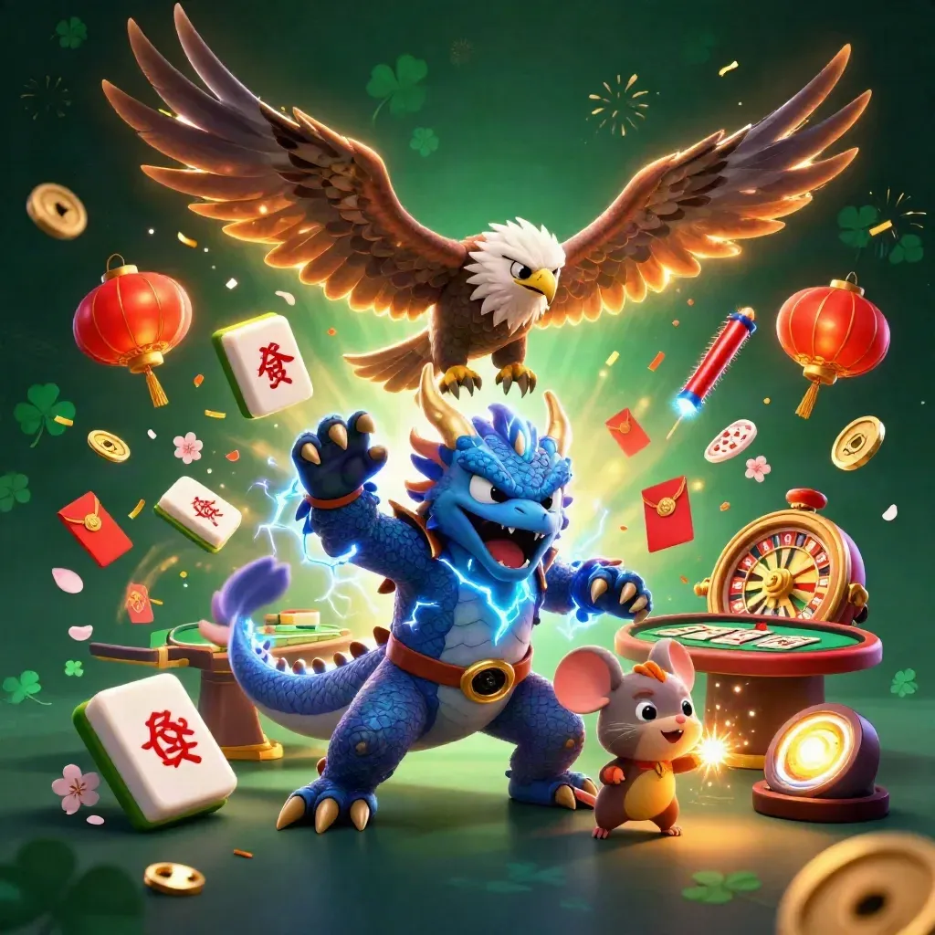 Thunder dragon, hawk and mouse amid casino luck symbols, coins and neon sparks.