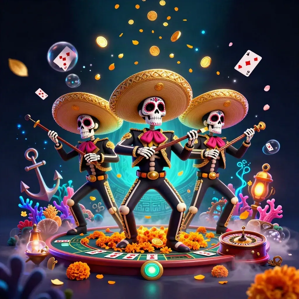 Skeleton mariachi trio in a neon treasure cove with gold coins, cards, and casino relics.