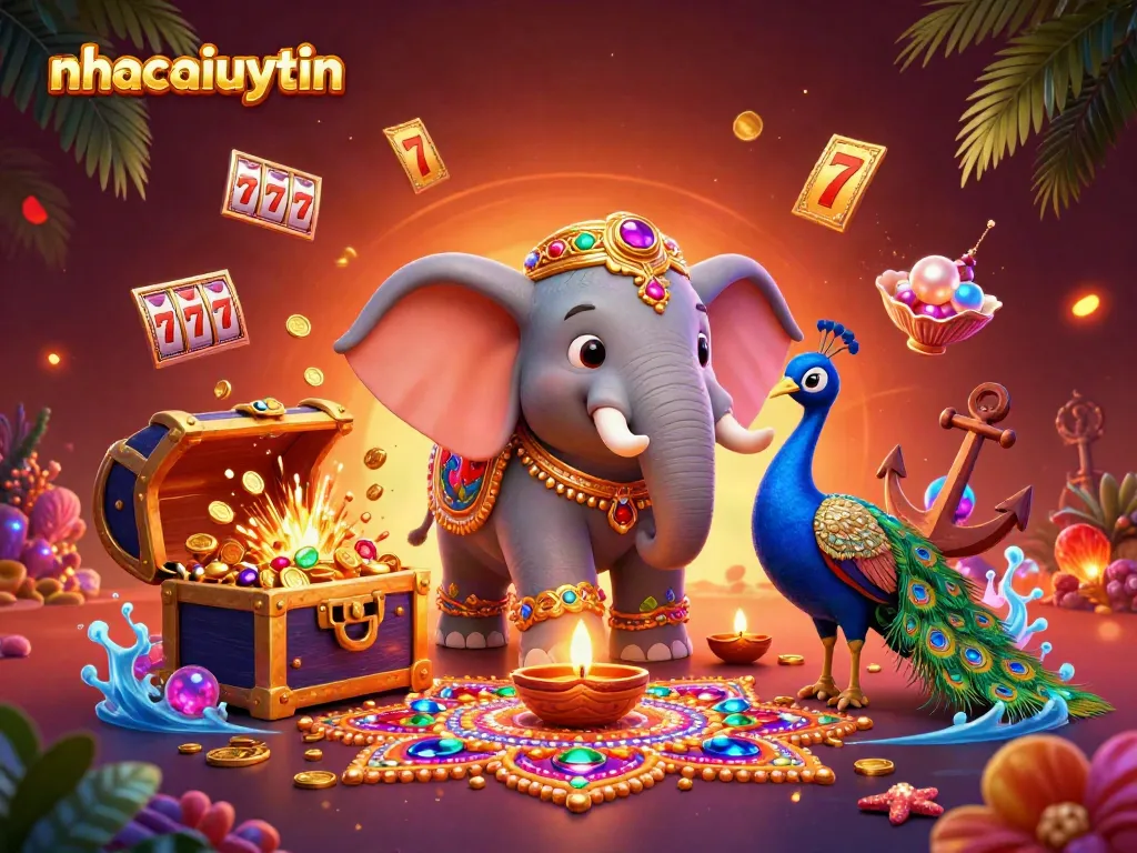 Win big at nhacaiuytin's colorful casino, showcasing vibrant slot reels and rich treasures.
