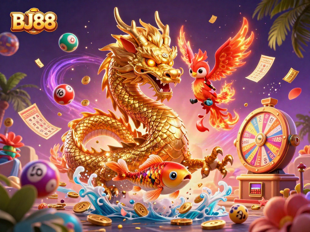 BJ88 showcases a fierce dragon, phoenix, and koi in a vibrant casino scene surrounded by dynamic gaming elements.