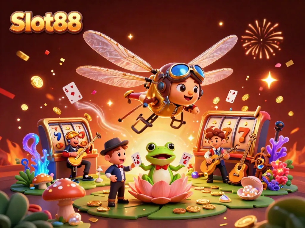 Experience Slot88 thrills with an adventurous dragonfly pilot and frog croupier in a vibrant casino scene.