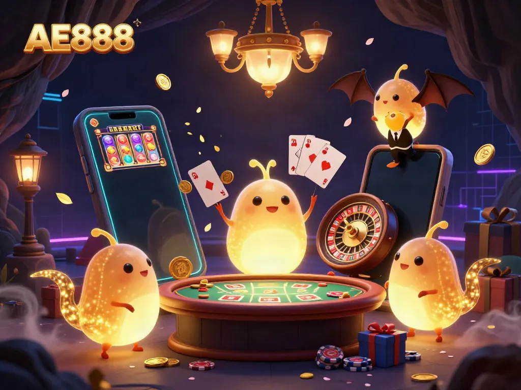 Engage with AE888's vibrant cave casino scene animated by glowworms, showcasing slots and poker elements.