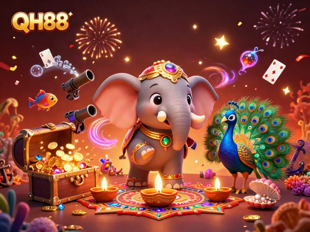 Win big with QH88 in a vibrant 3D illustration showcasing colorful gaming elements.