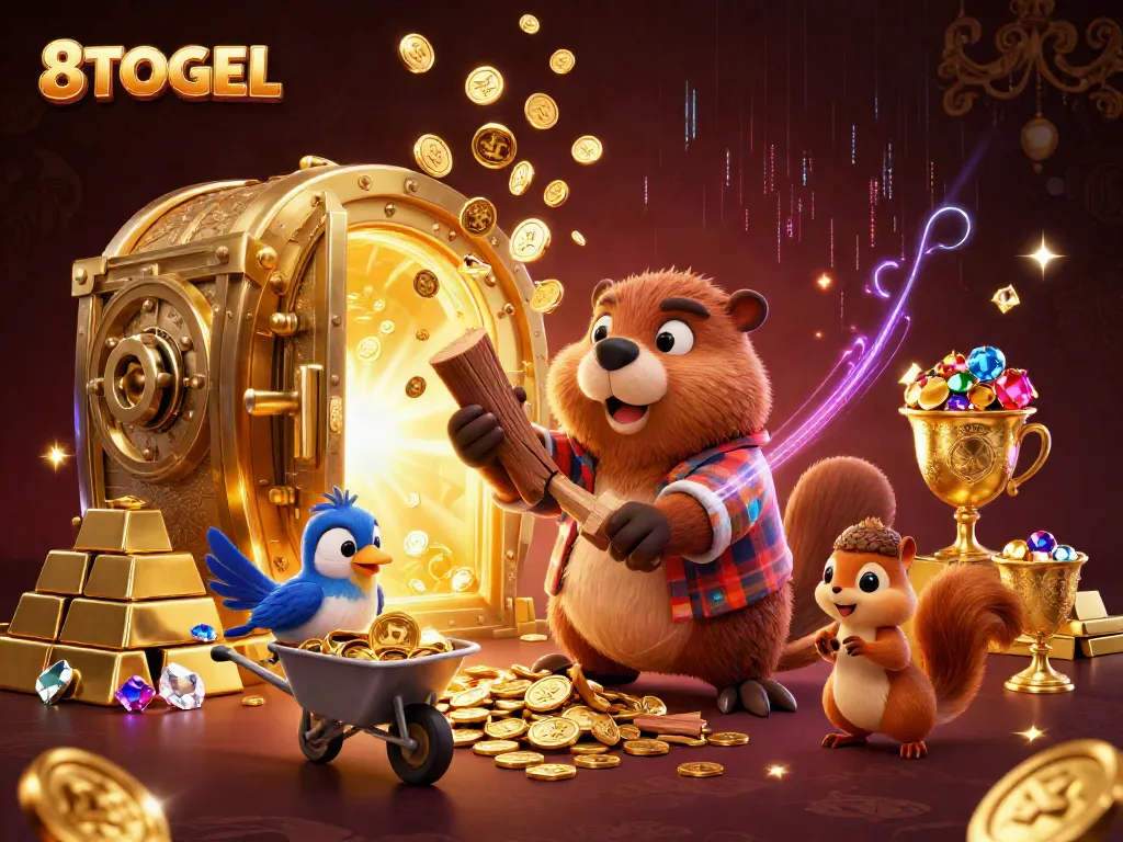 Experience the thrill of 8TOGEL with a cartoon beaver and shimmering treasures in a vibrant casino scene.
