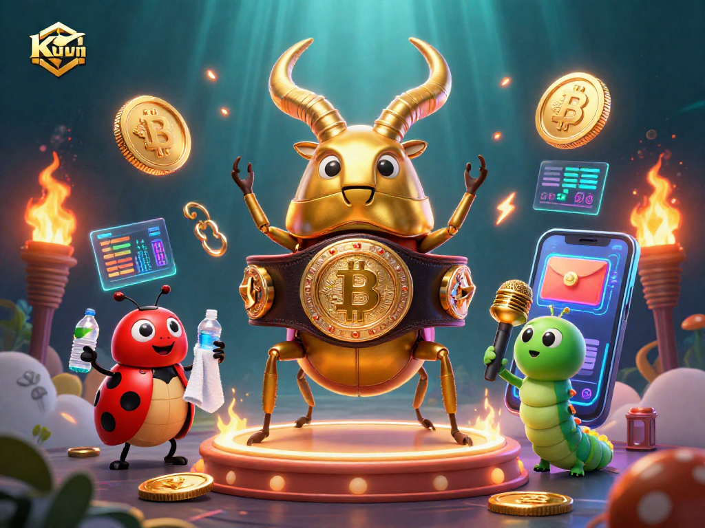 Kuwin showcases a dynamic 3D casino scene with golden beetle champion, ladybug assistant, and caterpillar announcer.