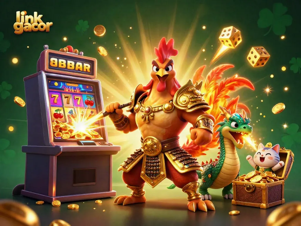 Engage with vibrant slot gacor imagery showcasing a fighting rooster warrior, dragon hatchling, and jackpot excitement.
