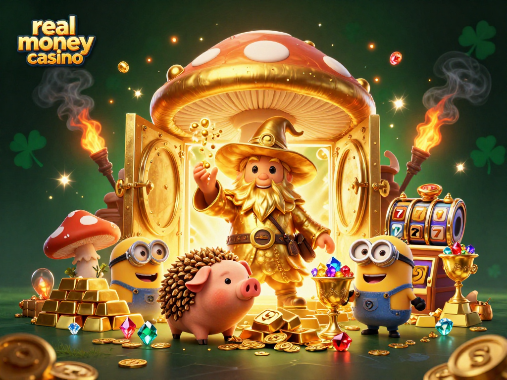 Immerse in a vibrant real money casino scene with a wizard, treasures, and slot elements.