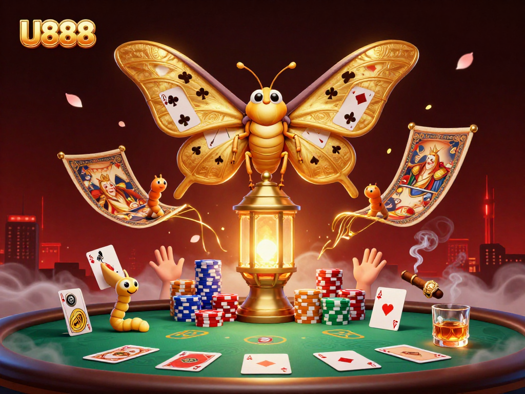 Engage in thrilling U888 adventures with a vibrant 3D casino illustration of poker and games.