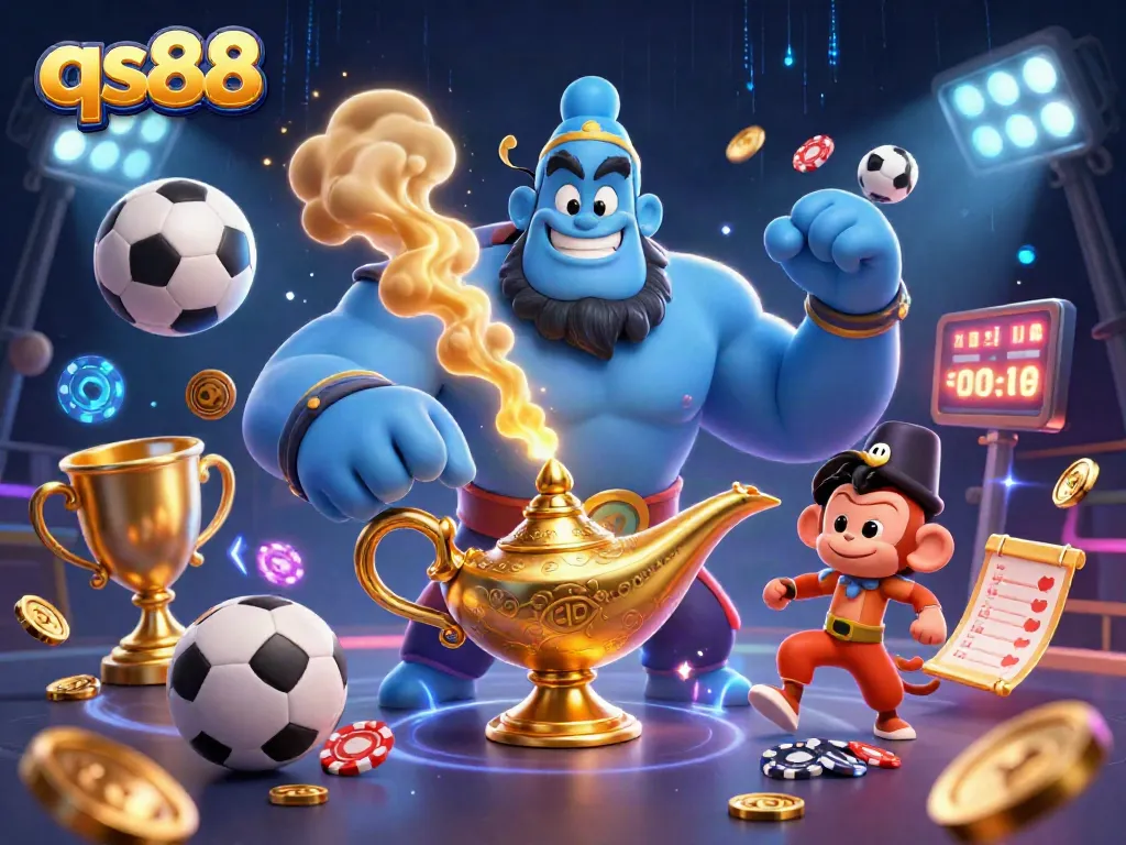 Join the excitement at qs88 with a vibrant casino illustration featuring a dynamic genie and poker elements.