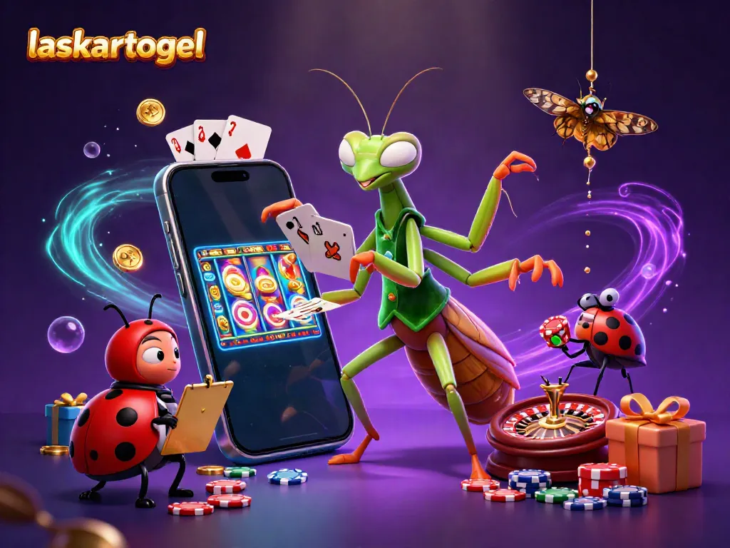 Experience the vibrant energy of laskartogel as the giant mantis dealer showcases excitement with cards and gold coins in a dynamic 3D scene.