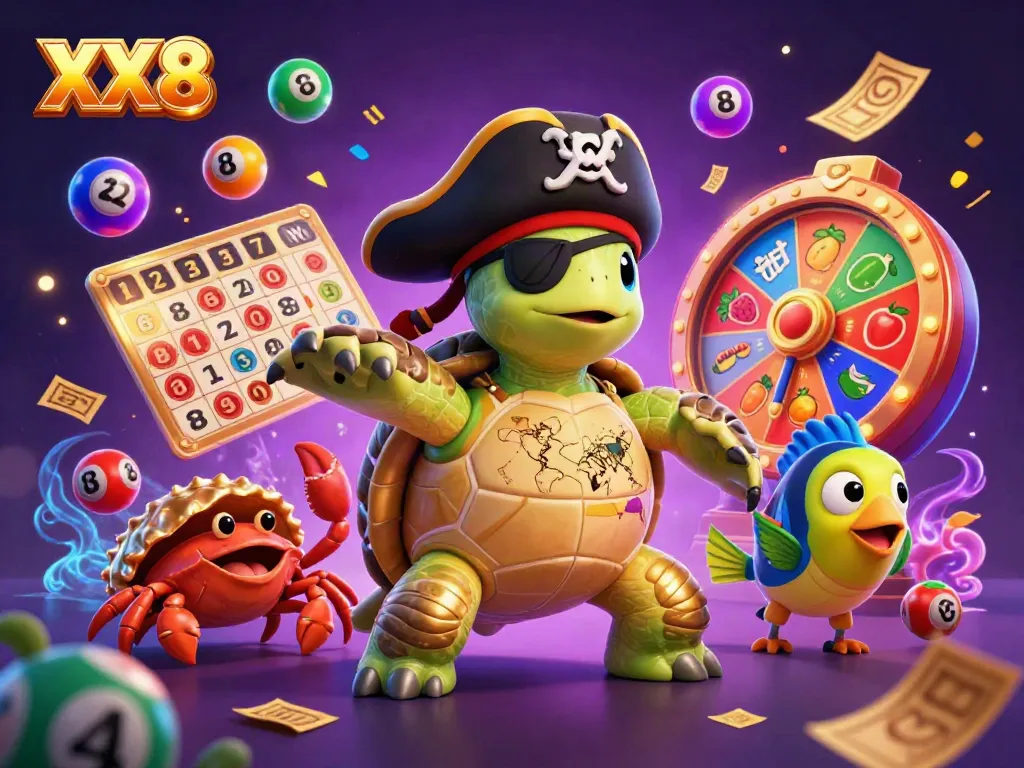 Engage with the exciting world of XX8 through a vibrant 3D scene featuring outstanding casino elements and characters.
