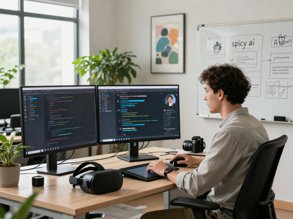 Engaging scene of a software developer optimizing spicy ai chatbot features in a modern tech office.