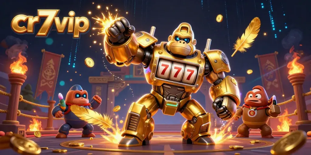 Robot gorila mega dari cr7vip memecahkan slot sambil dikelilingi efek visual mencolok.