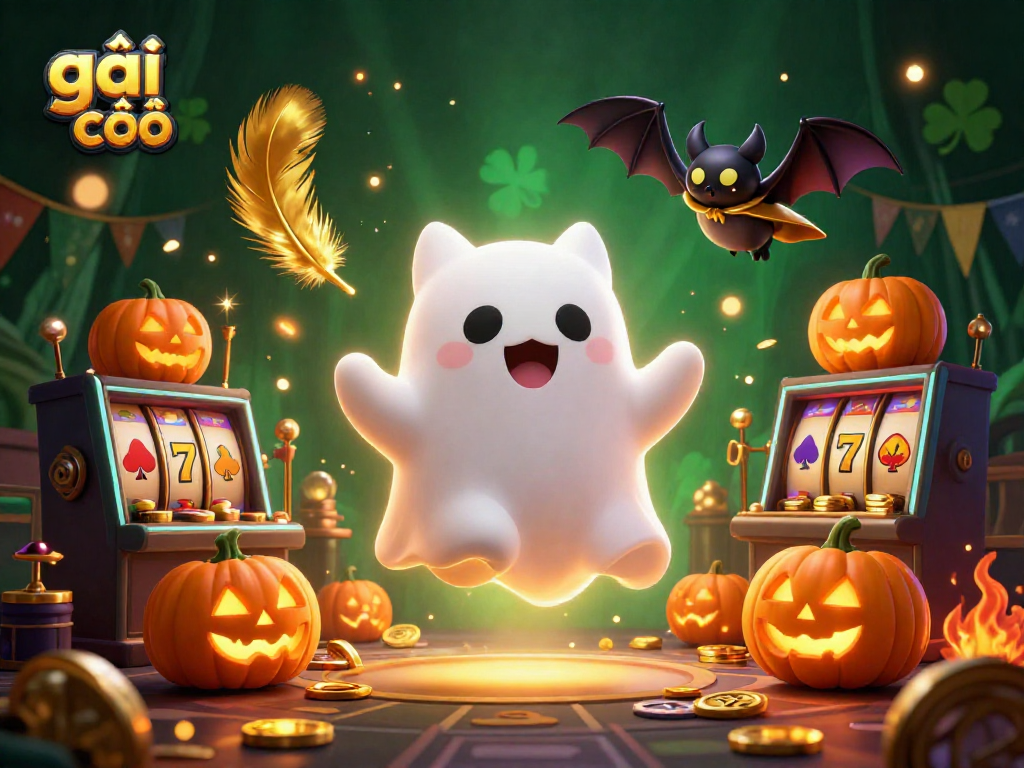 Engage with the thrilling world of gái gọi in this vibrant casino scene featuring a friendly ghost cat and a vampire bat.