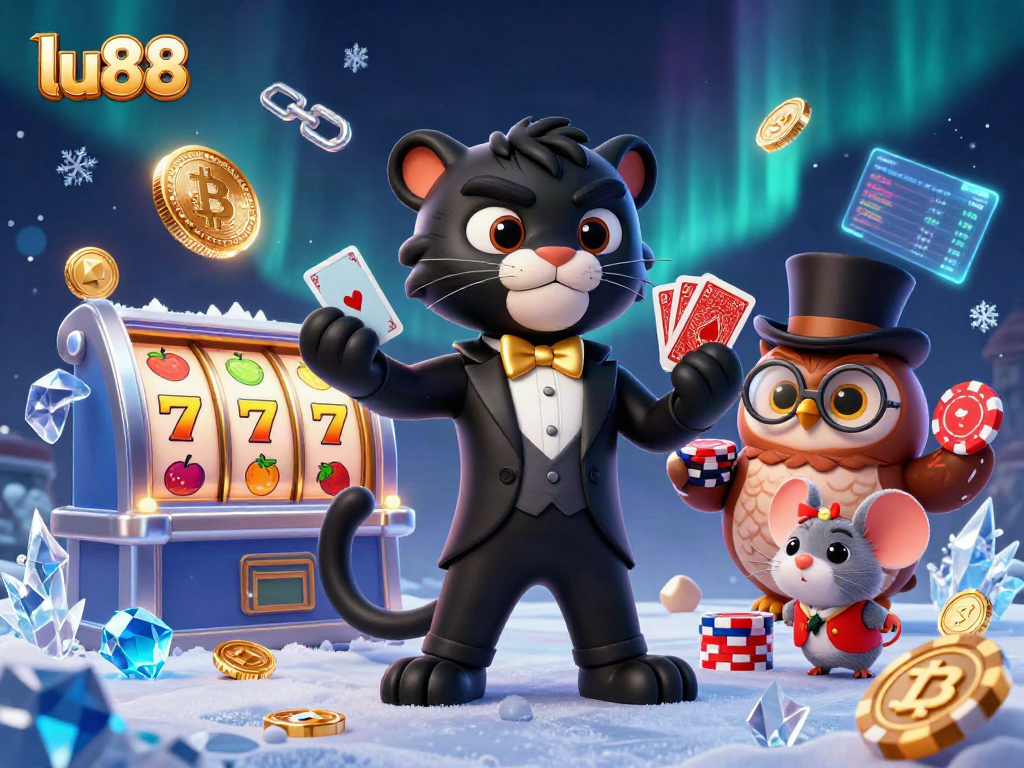 Engage in exciting gameplay at lu88, with a black panther dealer, owl and mouse, surrounded by vibrant slots and crypto coins.