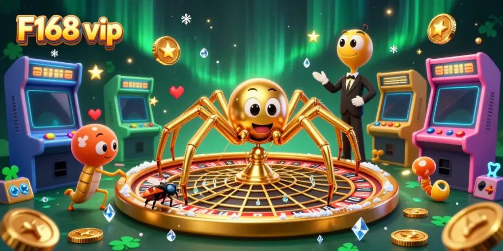 Experience thrilling bets at F168 vip with a golden roulette wheel web, animated characters, and vibrant gaming elements.