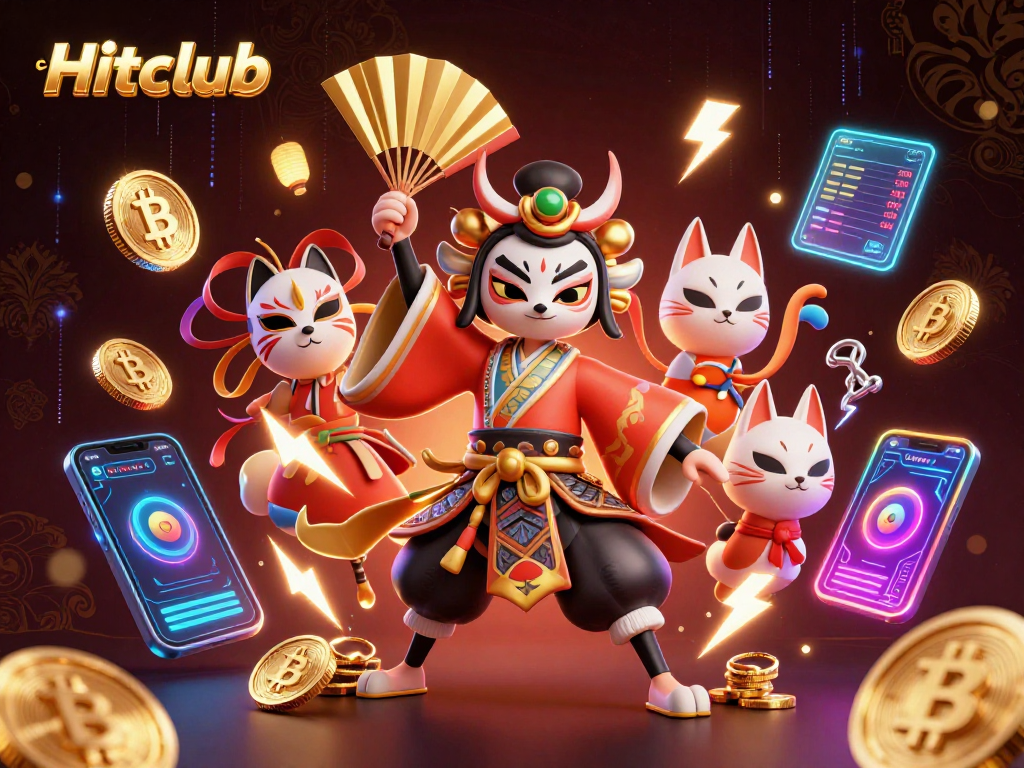 Hitclub offers a vibrant 3D scene with a kabuki warrior and crypto elements in a dynamic casino setting.