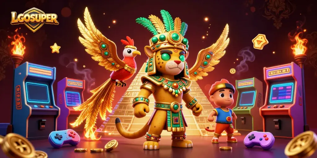 Experience the excitement of LGOSUPER with vibrant gaming characters amid a dazzling casino scene.