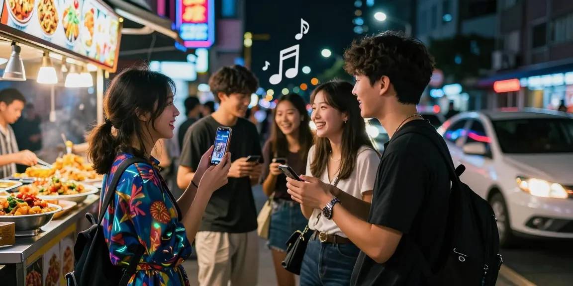 Nhóm bạn trẻ vui vẻ trong đêm phố phường, gái gọi xuất hiện bên cạnh tạo không khí sống động.