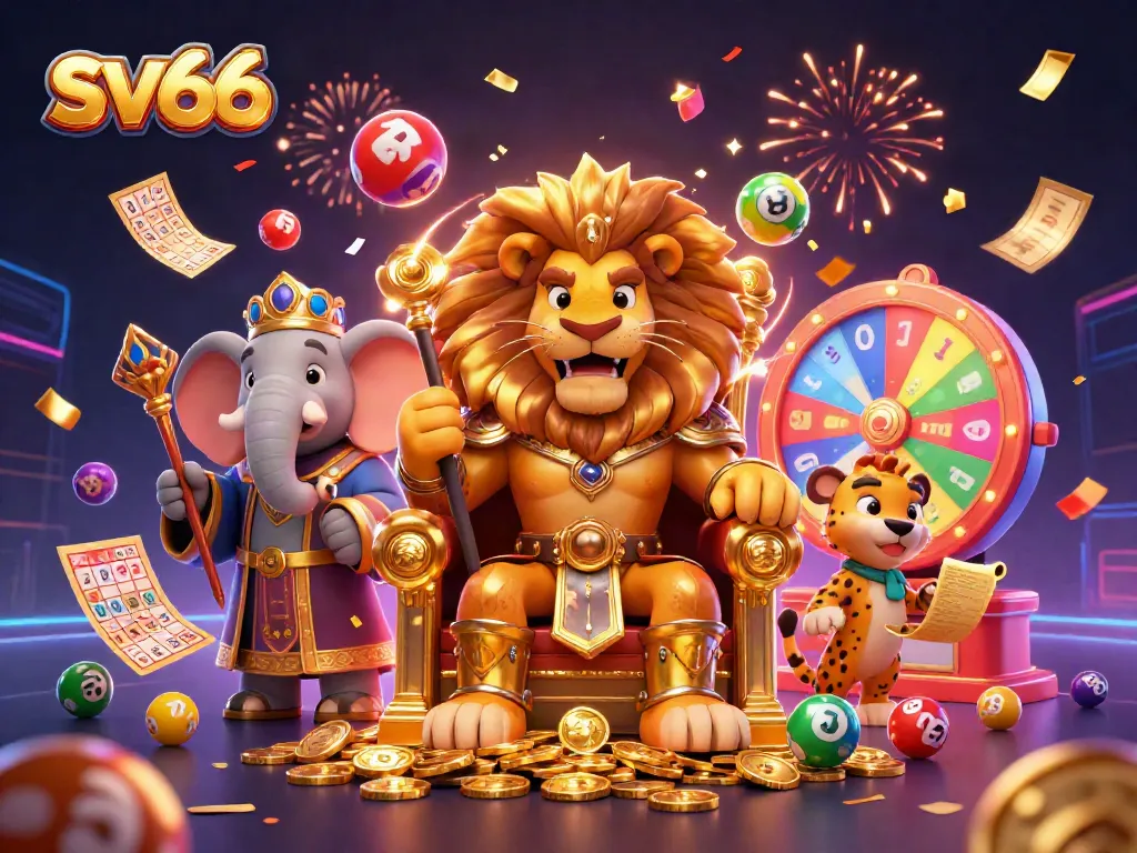 Experience thrilling gaming action at sv66 with lottery balls, a golden throne, and exciting casino elements.