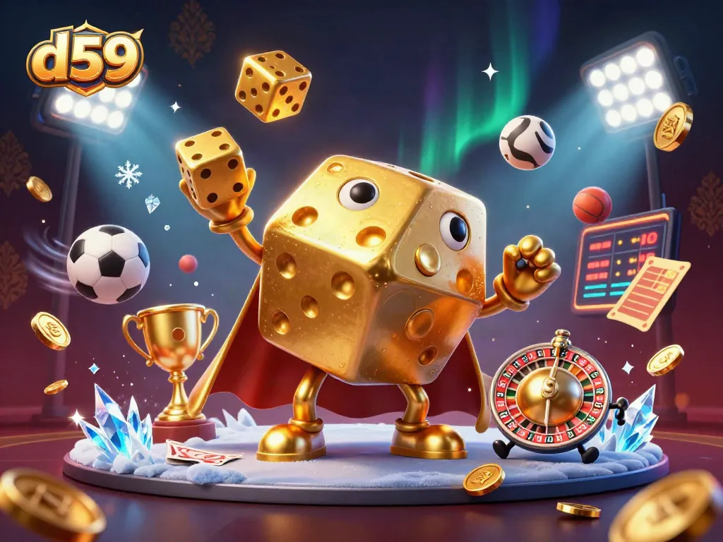 d59 showcases exciting casino elements with a golden dice golem in a vibrant animated scene