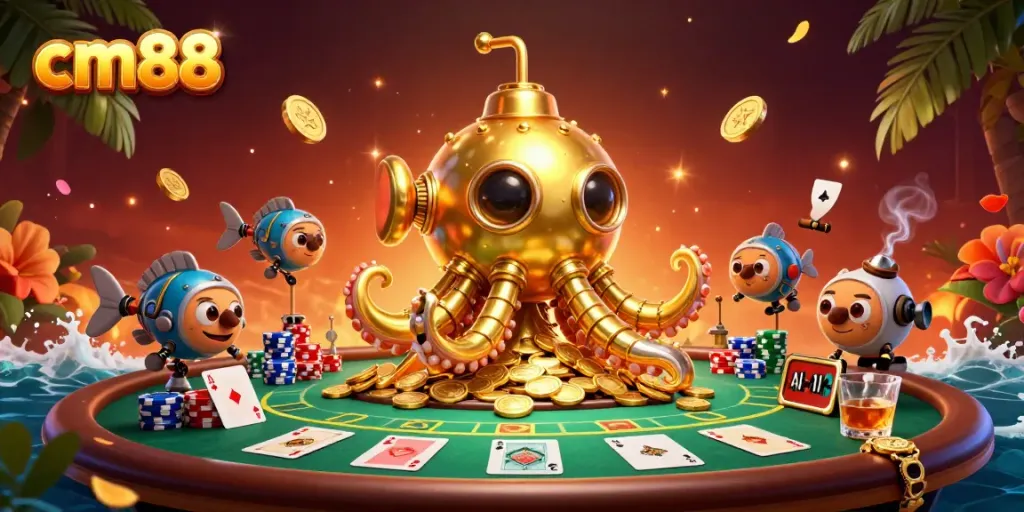 Engage with cm88's vibrant casino scene featuring a kraken submarine amidst poker excitement.