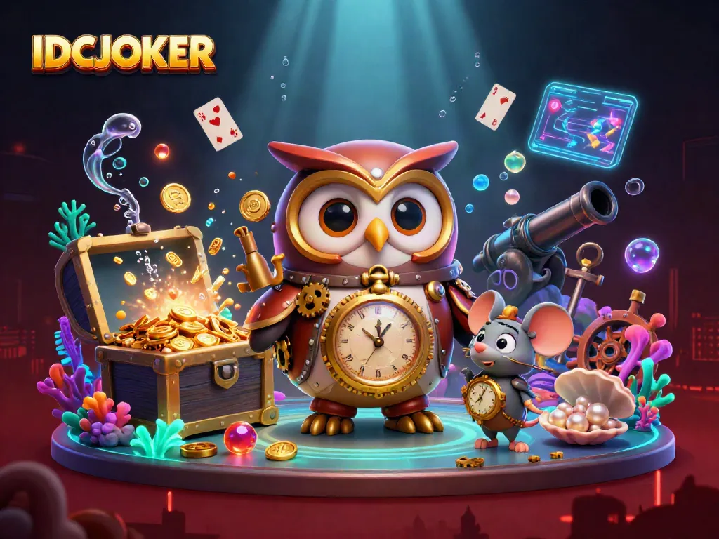 Play thrilling games on IDCJOKER with a dynamic 3D illustration featuring an owl and futuristic casino elements.