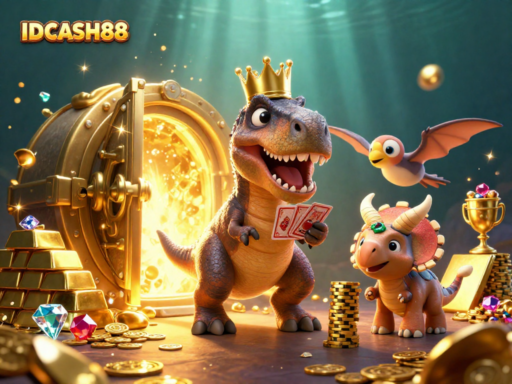 Experience the excitement of IDCASH88 with a vibrant 3D casino scene featuring playful dinosaurs surrounded by treasures.