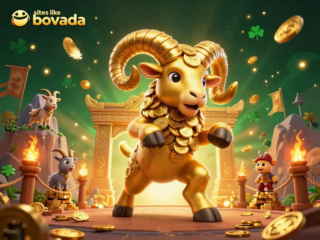Win with sites like bovada featuring 3D cartoon golden ram charging towards a treasure-filled arena