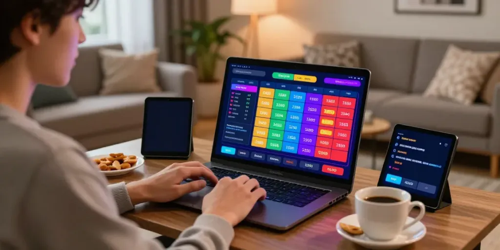 Player enjoying toto togel on a modern laptop in a cozy home environment, with coffee and engaging gaming interface.